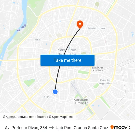 Av. Prefecto Rivas, 384 to Upb Post Grados Santa Cruz map
