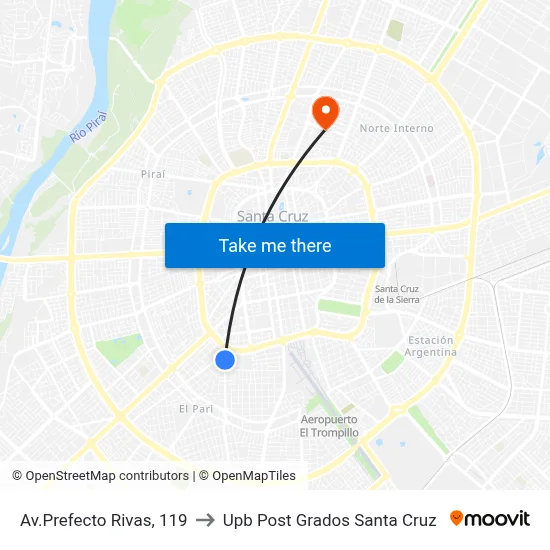 Av.Prefecto Rivas, 119 to Upb Post Grados Santa Cruz map