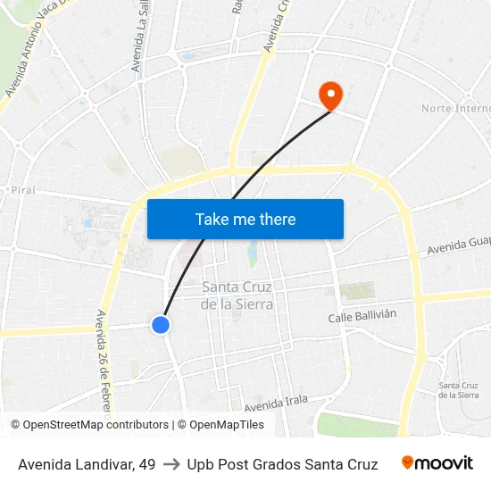 Avenida Landivar, 49 to Upb Post Grados Santa Cruz map