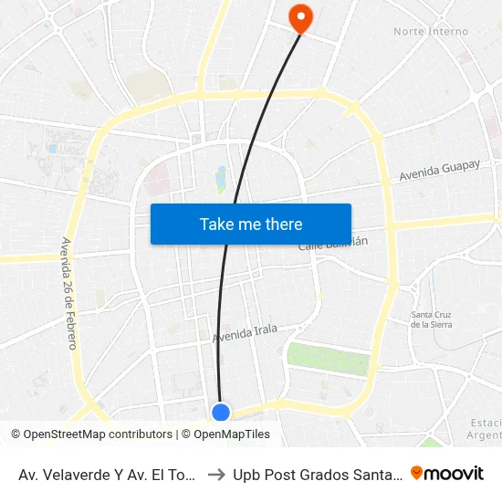 Av. Velaverde Y Av. El Tompillo to Upb Post Grados Santa Cruz map