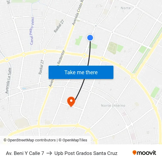 Av. Beni Y Calle 7 to Upb Post Grados Santa Cruz map