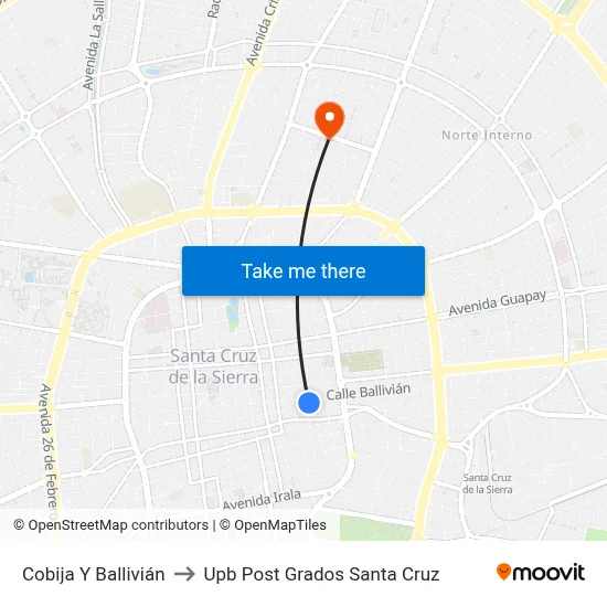 Cobija Y Ballivián to Upb Post Grados Santa Cruz map