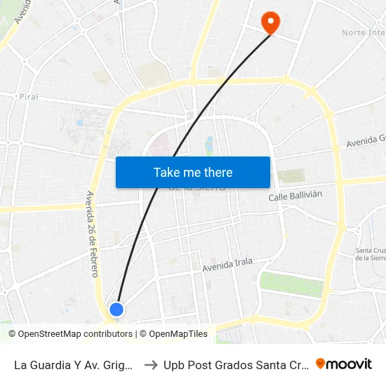 La Guardia Y Av. Grigotá to Upb Post Grados Santa Cruz map