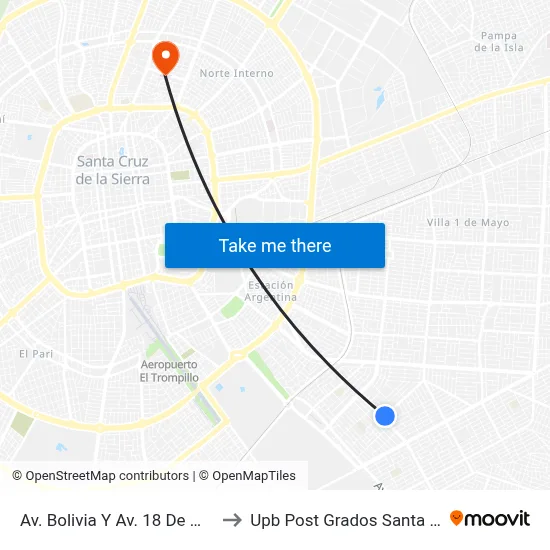Av. Bolivia Y Av. 18 De Marzo to Upb Post Grados Santa Cruz map