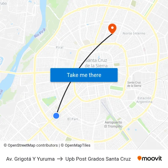 Av. Grigotá Y Yuruma to Upb Post Grados Santa Cruz map