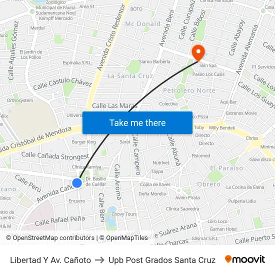Libertad Y Av. Cañoto to Upb Post Grados Santa Cruz map