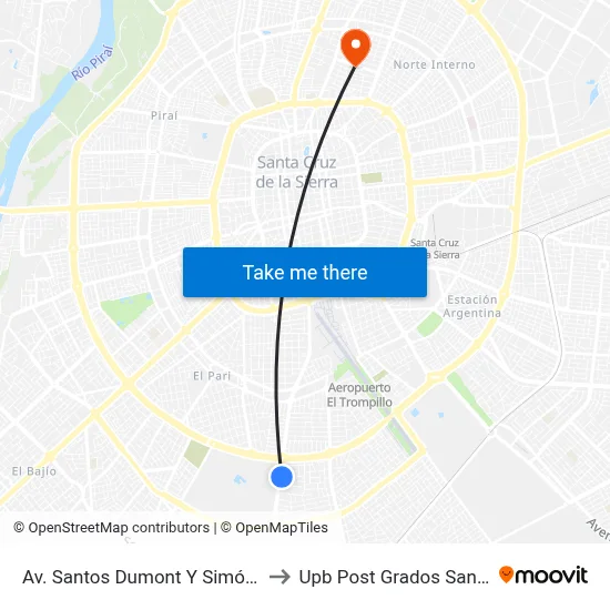 Av. Santos Dumont Y Simón Bolívar to Upb Post Grados Santa Cruz map