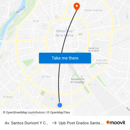 Av. Santos Dumont Y Calle 4 to Upb Post Grados Santa Cruz map