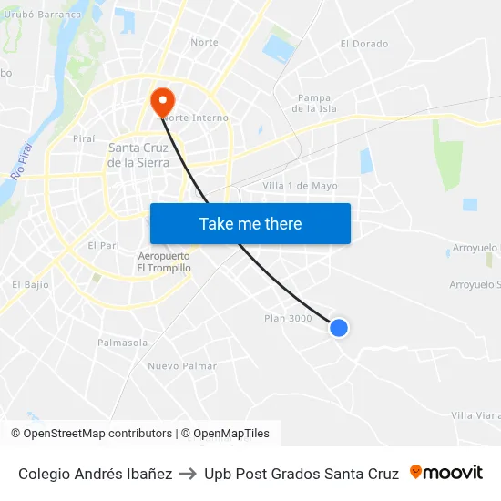 Colegio Andrés Ibañez to Upb Post Grados Santa Cruz map