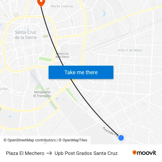 Plaza El Mechero to Upb Post Grados Santa Cruz map