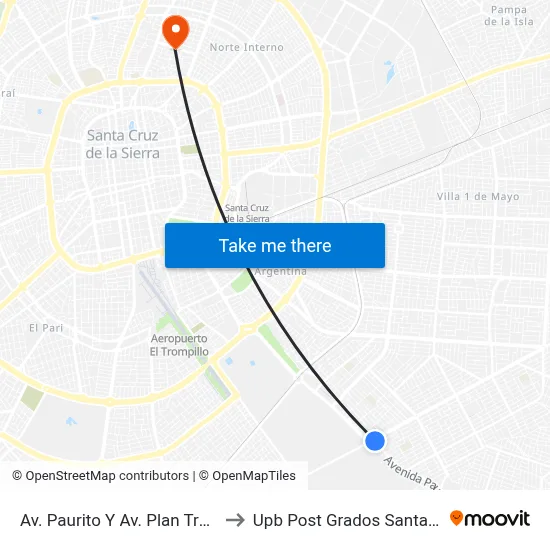 Av. Paurito Y Av. Plan Tres Mil to Upb Post Grados Santa Cruz map