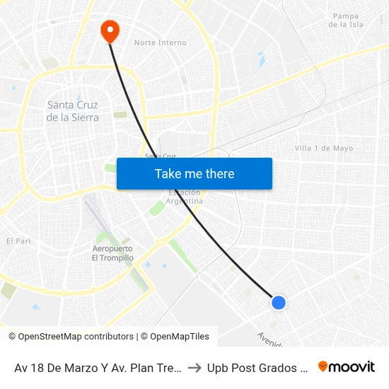 Av 18 De Marzo Y Av. Plan Tres Mil (Hospital) to Upb Post Grados Santa Cruz map