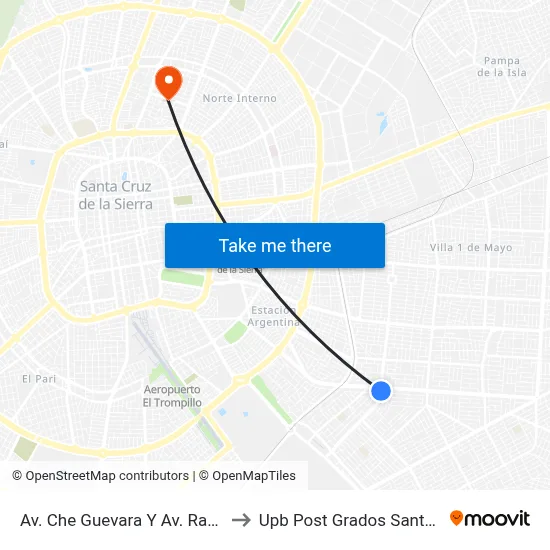 Av. Che Guevara Y Av. Radial 10 to Upb Post Grados Santa Cruz map