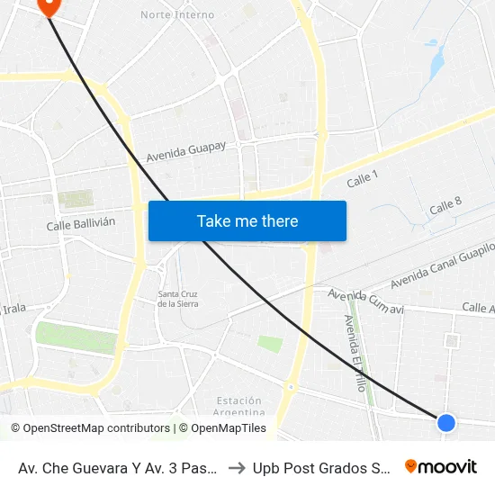 Av. Che Guevara Y Av. 3 Pasos Al Frente to Upb Post Grados Santa Cruz map