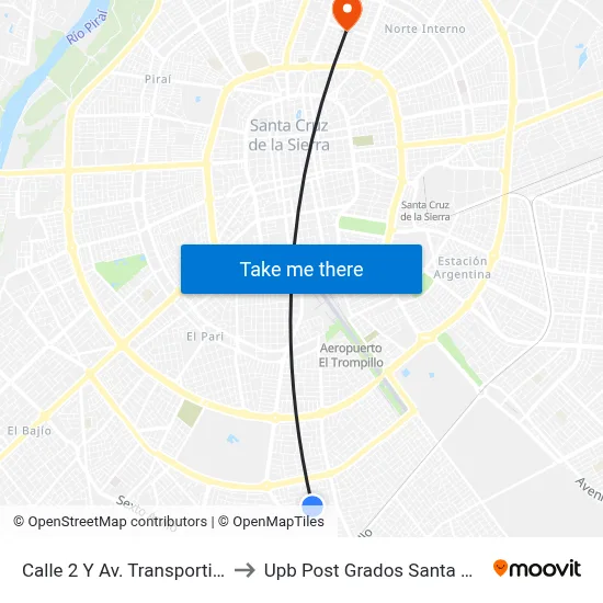 Calle 2 Y Av. Transportista to Upb Post Grados Santa Cruz map