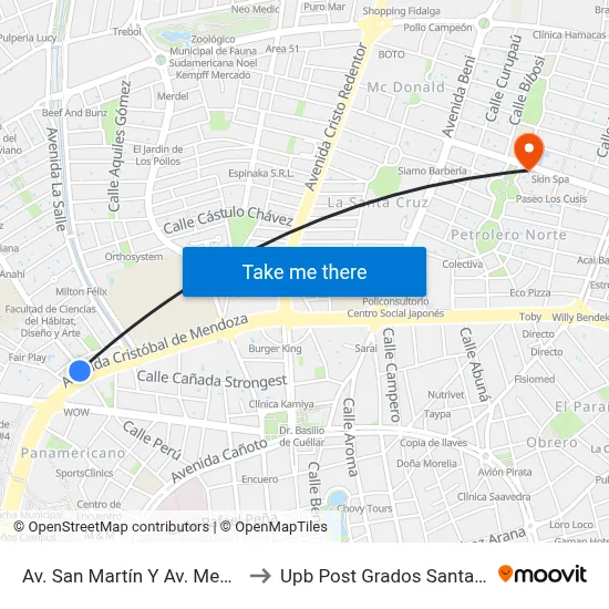 Av. San Martín Y Av. Mendoza to Upb Post Grados Santa Cruz map