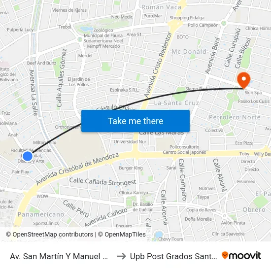 Av. San Martín Y Manuel Güemes to Upb Post Grados Santa Cruz map