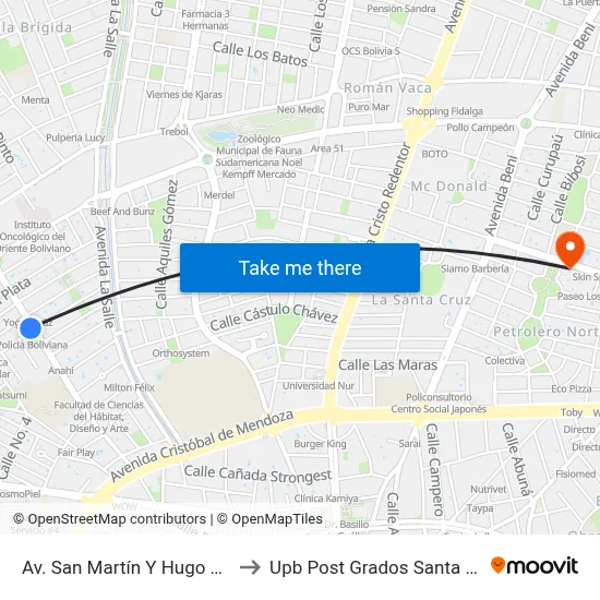 Av. San Martín Y Hugo Wast to Upb Post Grados Santa Cruz map