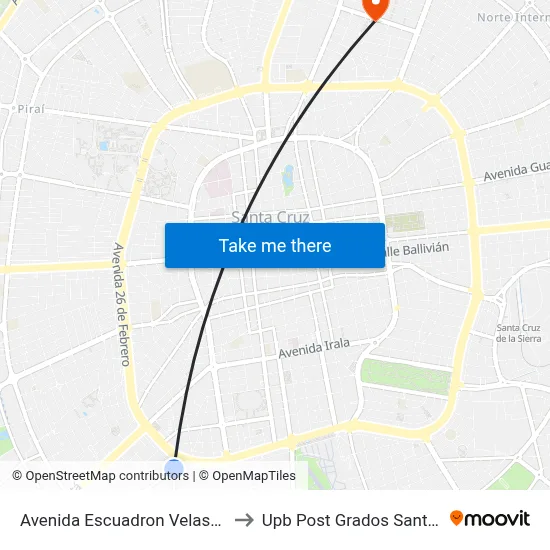 Avenida Escuadron Velasco, 112 to Upb Post Grados Santa Cruz map