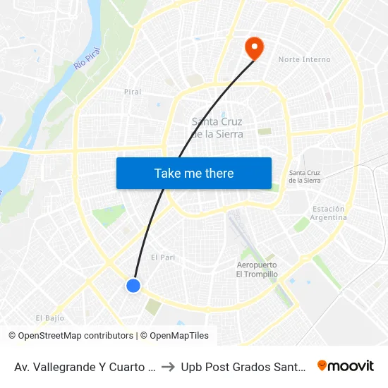 Av. Vallegrande Y Cuarto Anillo to Upb Post Grados Santa Cruz map