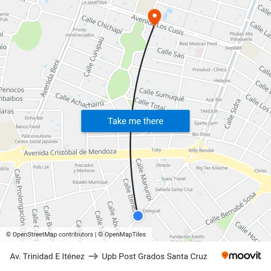 Av. Trinidad E Iténez to Upb Post Grados Santa Cruz map