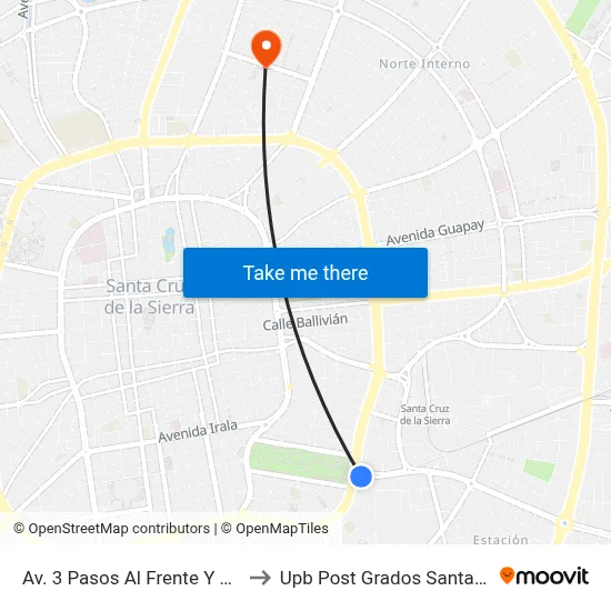 Av. 3 Pasos Al Frente Y Colpa to Upb Post Grados Santa Cruz map