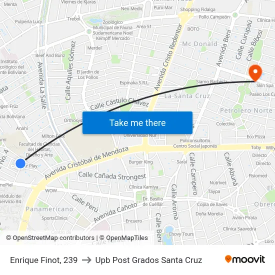 Enrique Finot, 239 to Upb Post Grados Santa Cruz map