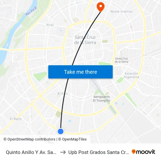 Quinto Anillo Y Av. Savio to Upb Post Grados Santa Cruz map