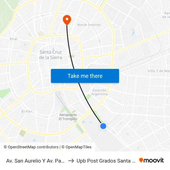 Av. San Aurelio Y Av. Paurito to Upb Post Grados Santa Cruz map