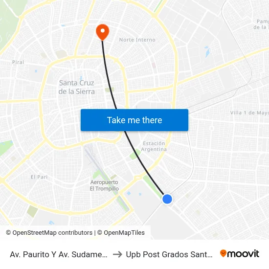 Av. Paurito Y Av. Sudamericana to Upb Post Grados Santa Cruz map