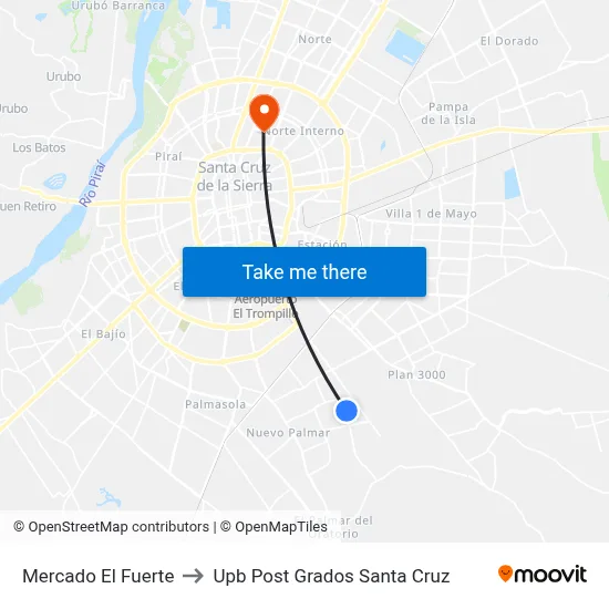 Mercado El Fuerte to Upb Post Grados Santa Cruz map