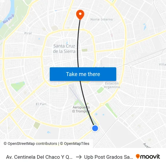 Av. Centinela Del Chaco Y Quinto Anillo to Upb Post Grados Santa Cruz map