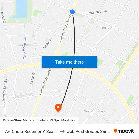 Av. Cristo Redentor Y Sexto Anillo to Upb Post Grados Santa Cruz map