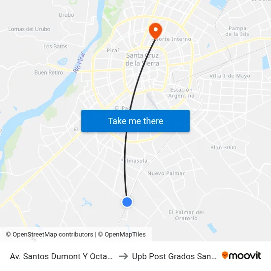 Av. Santos Dumont Y Octavo Anillo to Upb Post Grados Santa Cruz map