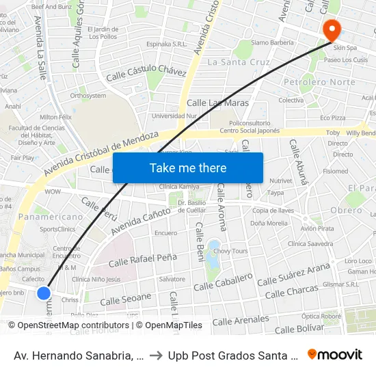 Av. Hernando Sanabria, 129 to Upb Post Grados Santa Cruz map