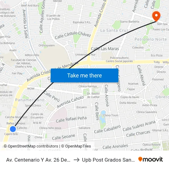 Av. Centenario Y Av. 26 De Febrero to Upb Post Grados Santa Cruz map