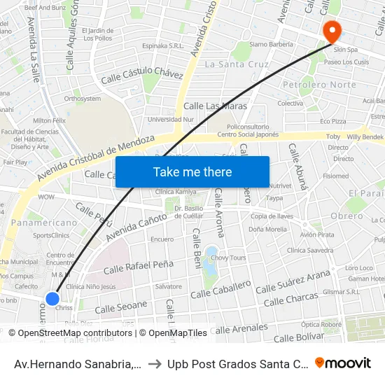 Av.Hernando Sanabria, 87 to Upb Post Grados Santa Cruz map