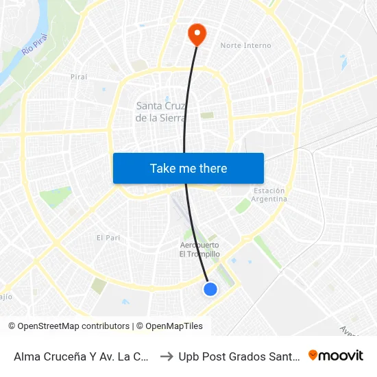 Alma Cruceña Y Av. La Colorada to Upb Post Grados Santa Cruz map