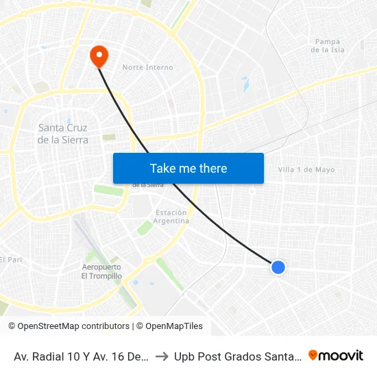 Av. Radial 10 Y Av. 16 De Julio to Upb Post Grados Santa Cruz map