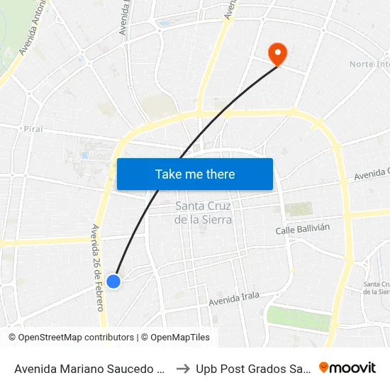 Avenida Mariano Saucedo Sevilla, 60a to Upb Post Grados Santa Cruz map
