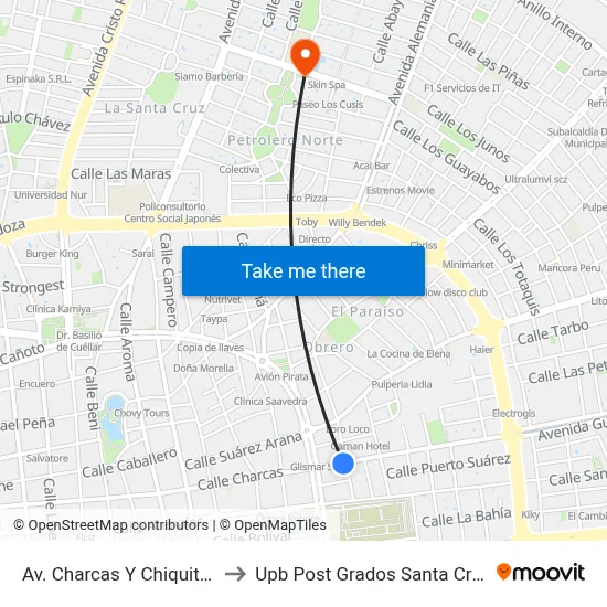 Av. Charcas Y Chiquitos to Upb Post Grados Santa Cruz map