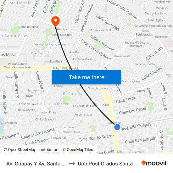 Av. Guapay Y Av. Santa Cruz to Upb Post Grados Santa Cruz map
