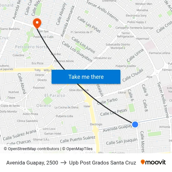 Avenida Guapay, 2500 to Upb Post Grados Santa Cruz map