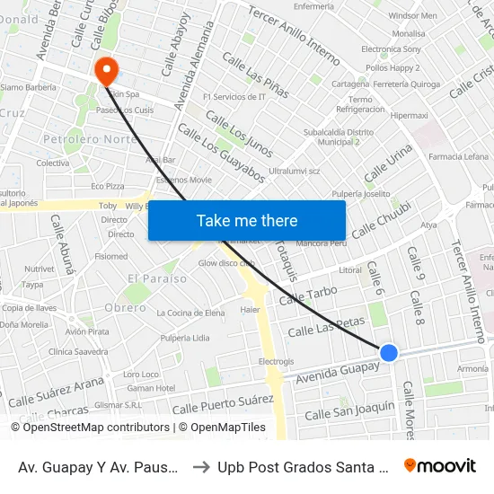 Av. Guapay Y Av. Pauserna to Upb Post Grados Santa Cruz map
