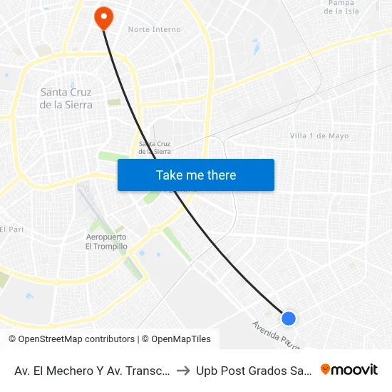 Av. El Mechero Y Av. Transcontinental to Upb Post Grados Santa Cruz map