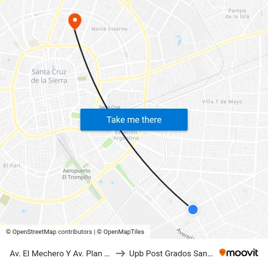 Av. El Mechero Y Av. Plan Tres Mil to Upb Post Grados Santa Cruz map