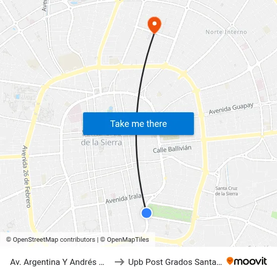 Av. Argentina Y Andrés Manso to Upb Post Grados Santa Cruz map