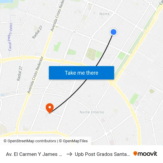 Av. El Carmen Y James Joyce to Upb Post Grados Santa Cruz map