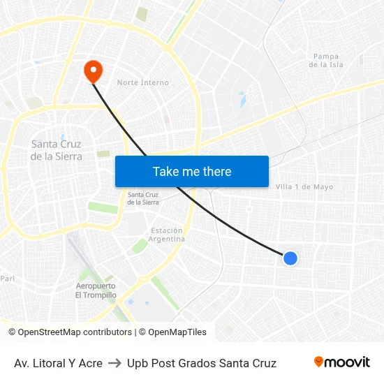 Av. Litoral Y Acre to Upb Post Grados Santa Cruz map