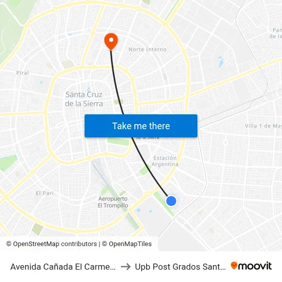 Avenida Cañada El Carmen, 4235 to Upb Post Grados Santa Cruz map